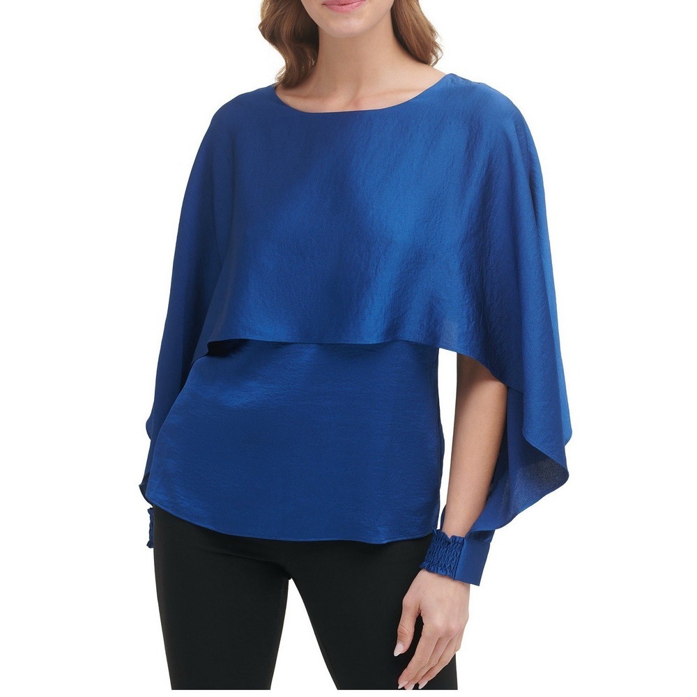 NEW DKNY Blue Women's Smocked Cuff Cape Overlay Crewneck Top Blouse Sz M Medium‎
